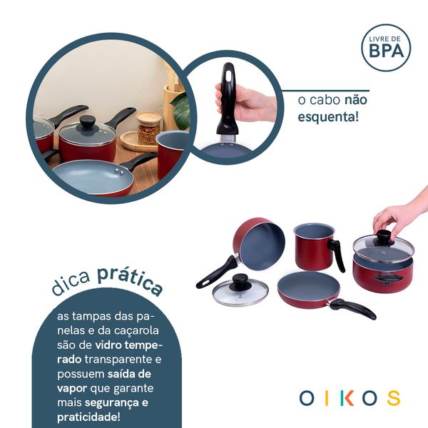 Jogo de panelas antiaderente cerâmica 4 peças vermelha - oikos