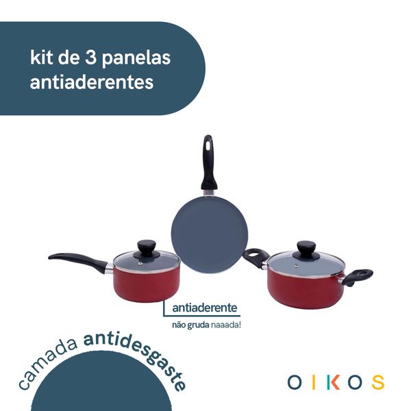 Jogo de panelas antiaderente cerâmica 3 peças vermelha - oikos