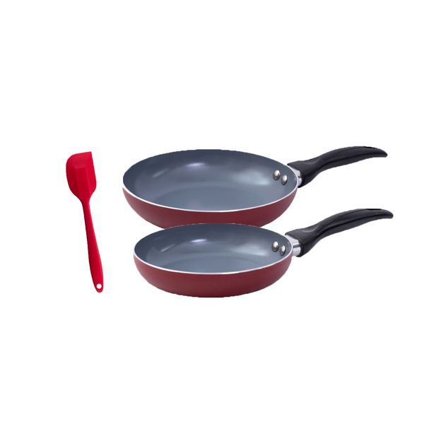 Jogo de frigideiras antiaderente e espátula de silicone vermelho - oikos