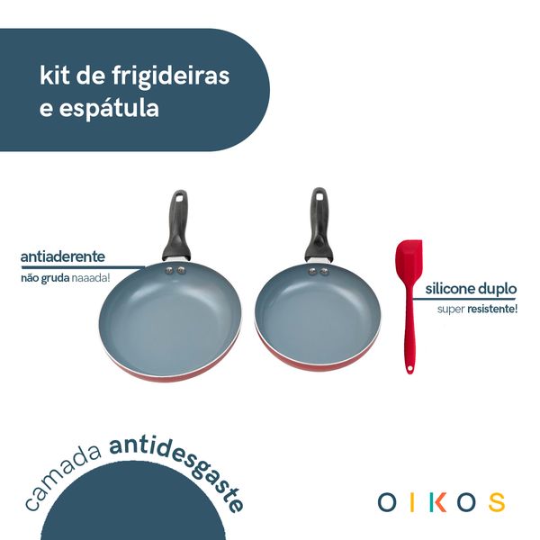 Jogo de frigideiras antiaderente e espátula de silicone vermelho - oikos