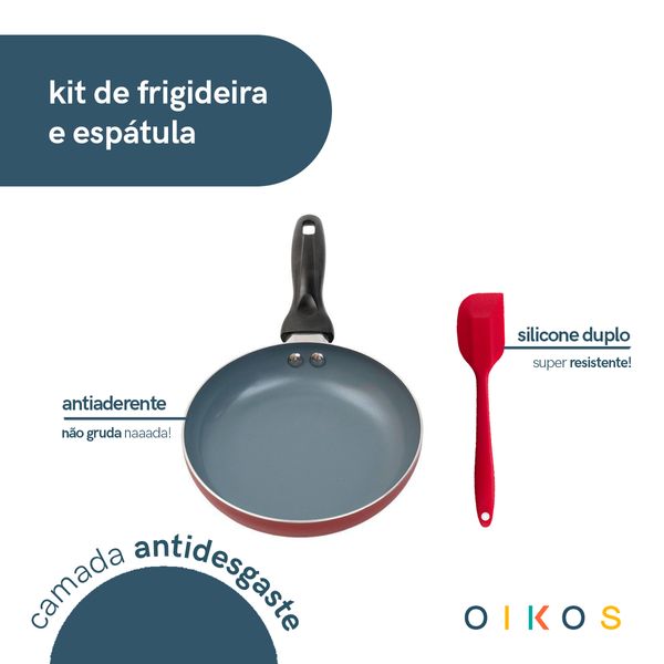Frigideira antiaderente e espátula de silicone pequena vermelha - oikos