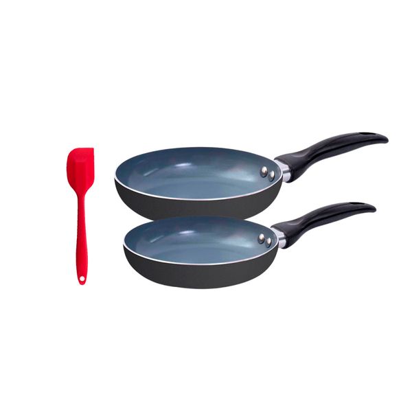 Jogo de frigideiras 2 pçs antiaderentes cerâmica e alumínio e espátula de silicone - oikos