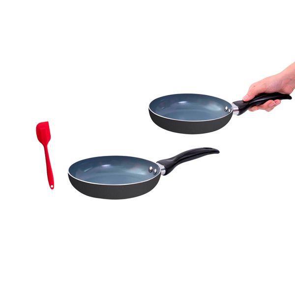 Jogo de frigideiras 2 pçs antiaderentes cerâmica e alumínio e espátula de silicone - oikos
