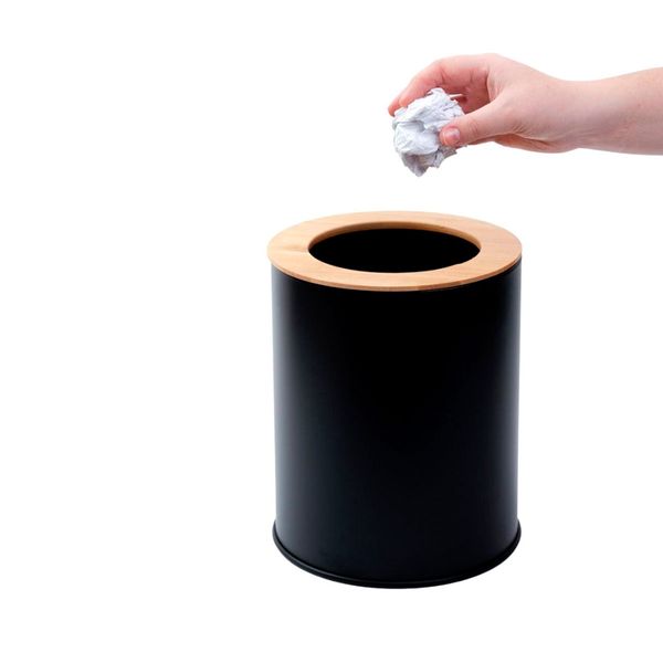 Lixeira com tampa redonda 8l de metal e bambu preta - oikos