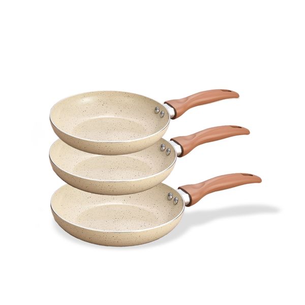 Jogo com 3 frigideiras antiaderentes de ceramica e aluminio bege - oikos