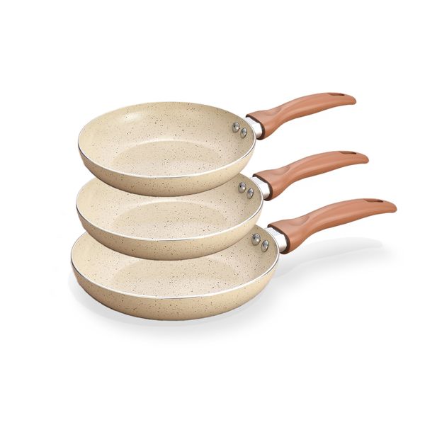 Jogo de 3 frigideiras antiaderentes ceramica com aluminio bege - oikos