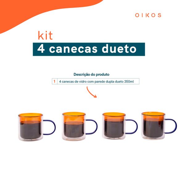Kit 4 canecas de vidro de café ou chá parede dupla - oikos
