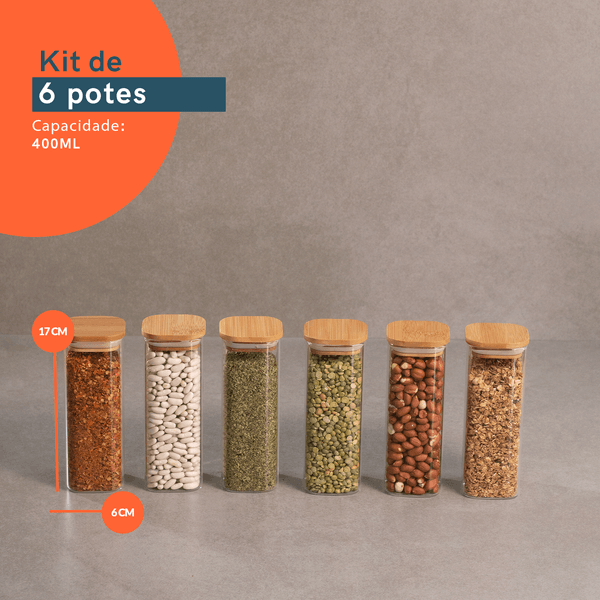 Kit de pote hermético de vidro quadrado com tampa de bambu 6 peças - oikos