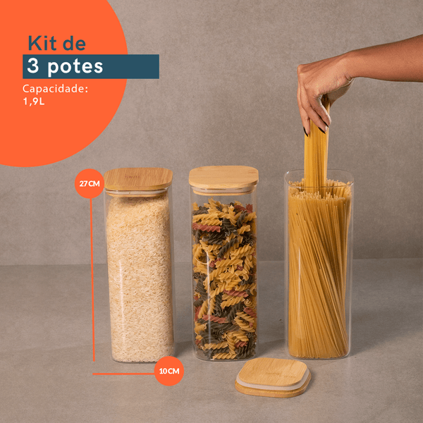 Kit de pote hermético de vidro quadrado com tampa de bambu 3 peças - oikos