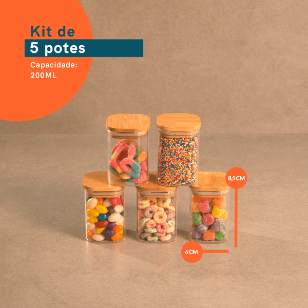 Kit de pote hermético de vidro quadrado com tampa de bambu 5 peças - oikos