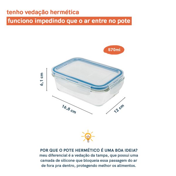 Pote de vidro retangular de 570 ml c/ tampa transparente oikos