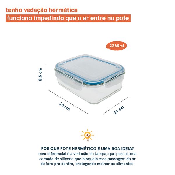 Pote de vidro retangular de 2260ml com tampa transparente transparente oikos