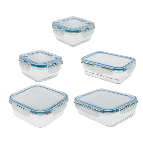 Kit de 5 potes com trava quadrado com tampa transparente oikos