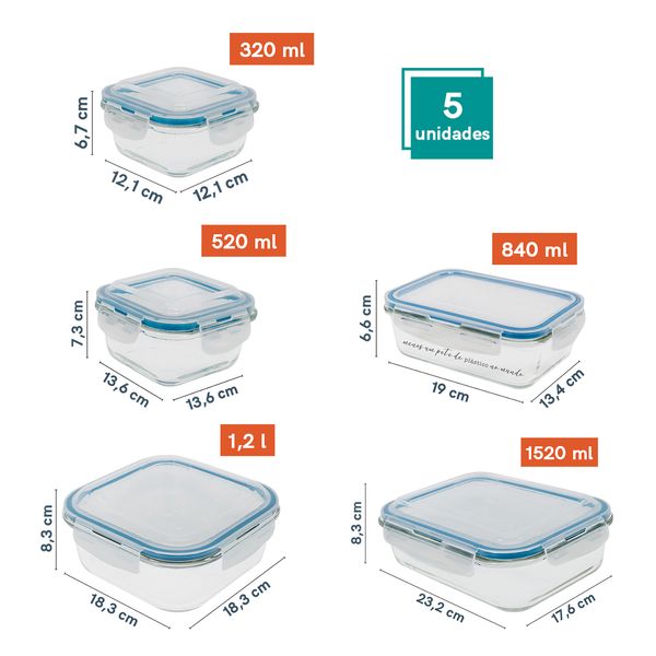 Kit de 5 potes com trava quadrado com tampa transparente oikos