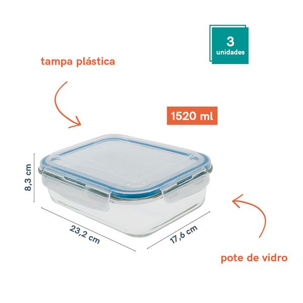 Kit 3 potes de vidro hermético retangular de 1520ml - oikos