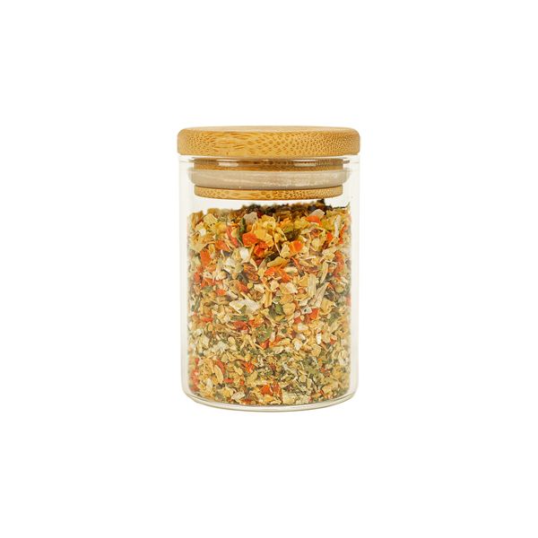 Pote 110ml de vidro com tampa de bambu redondo flat de mantimento - oikos