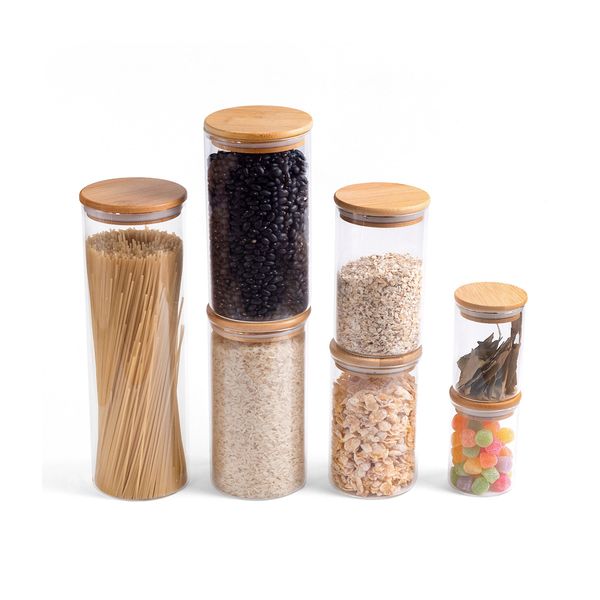 Kit pote de mantimento 2000/1100/600/250ml tampa bambu 7pçs oikos