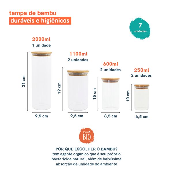 Kit pote de mantimento 2000/1100/600/250ml tampa bambu 7pçs oikos