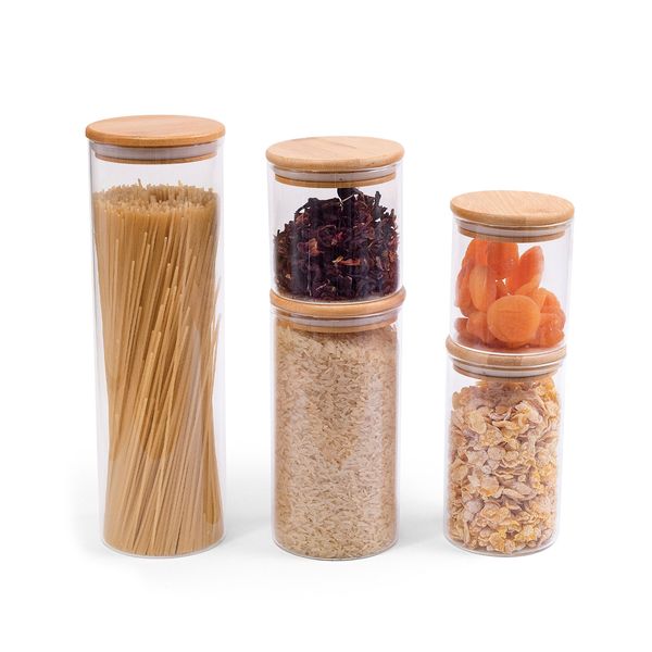 Kit pote de mantimento 2000/1100/600/500/400 tampa bambu 5pç oikos