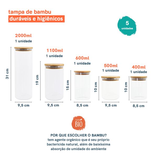 Kit pote de mantimento 2000/1100/600/500/400 tampa bambu 5pç oikos