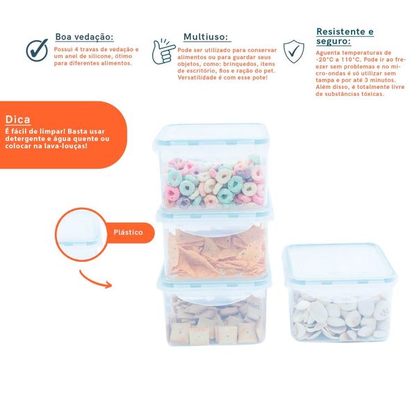 Kit potes herméticos de plástico 4 pçs 1,3l - oikos