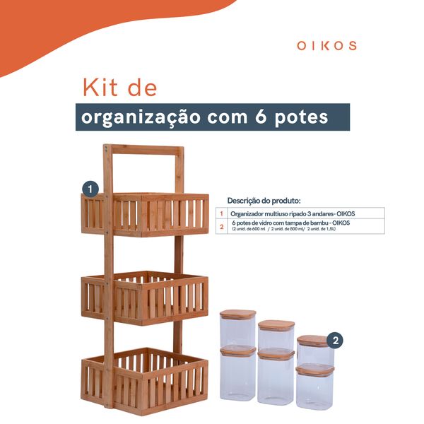 Kit organizador multiuso 3 andares e potes de vidro - oikos