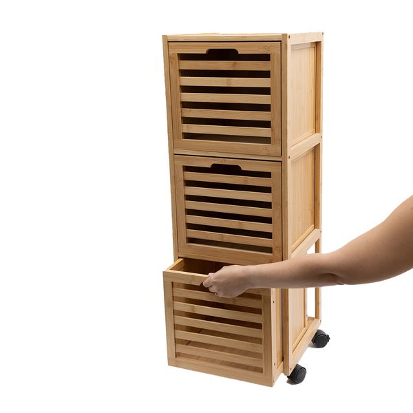 Gaveteiro organizador armário de bambu ripado com rodinhas - oikos