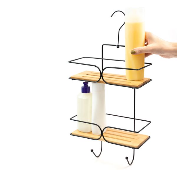 Organizador suspenso 2 andares e ganchos ferro e bambu - oikos