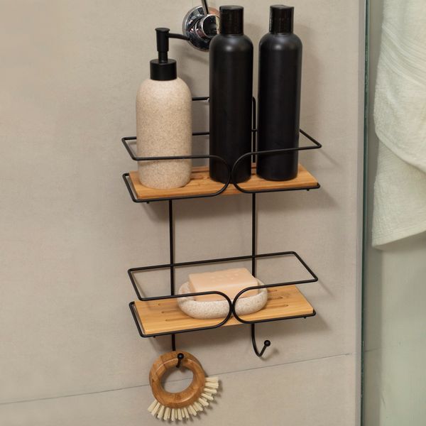 Organizador suspenso 2 andares e ganchos ferro e bambu - oikos