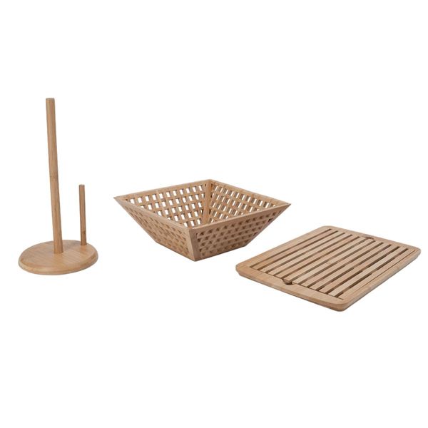 Kit com fruteira vazada, porta papel toalha e tábua migalheira de pão de bambu - oikos