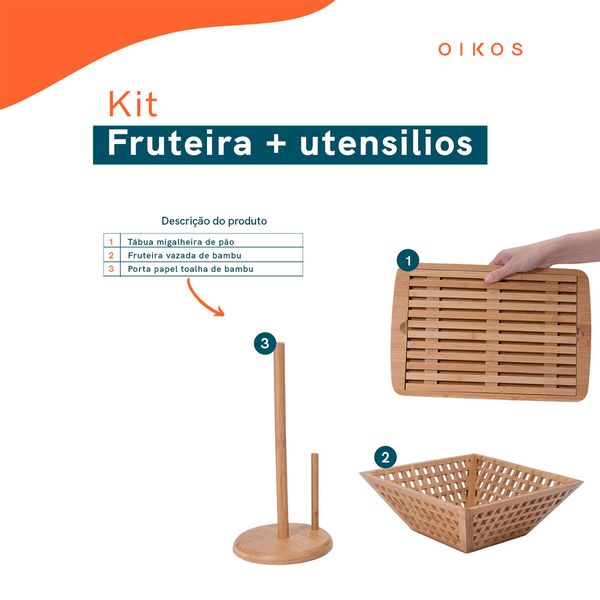Kit com fruteira vazada, porta papel toalha e tábua migalheira de pão de bambu - oikos