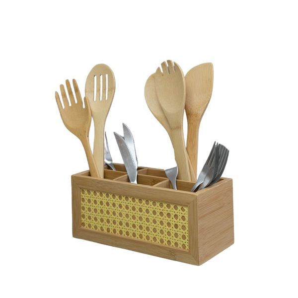 Porta talheres de bambu e palhinha 6 divisórias - oikos