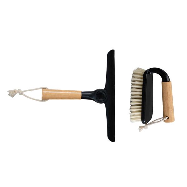 Kit escova de limpeza multiuso com cabo de bambu e rodo de pia dobrável com cabo de bambu preto oiko
