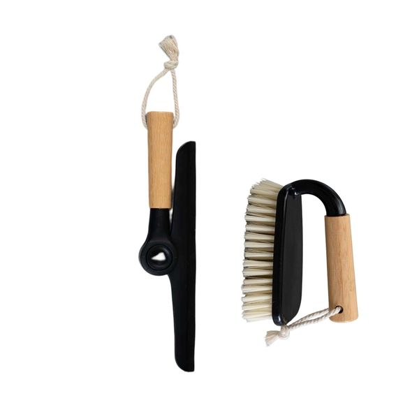 Kit escova de limpeza multiuso com cabo de bambu e rodo de pia dobrável com cabo de bambu preto oiko