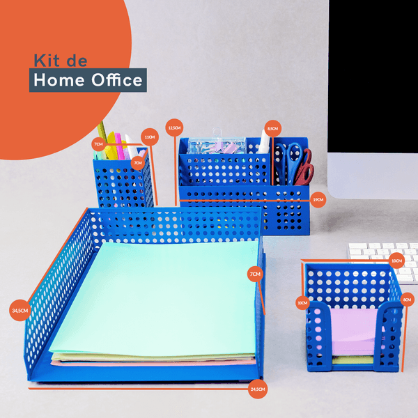 Kit porta documentos, porta lápis, porta bloco de anotações e porta objetos azul 4 pçs - oikos - f