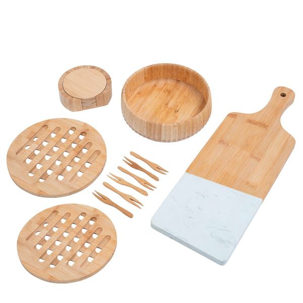 Kit servir bambu com tábua, bowl e utensílios 11 pç - oikos