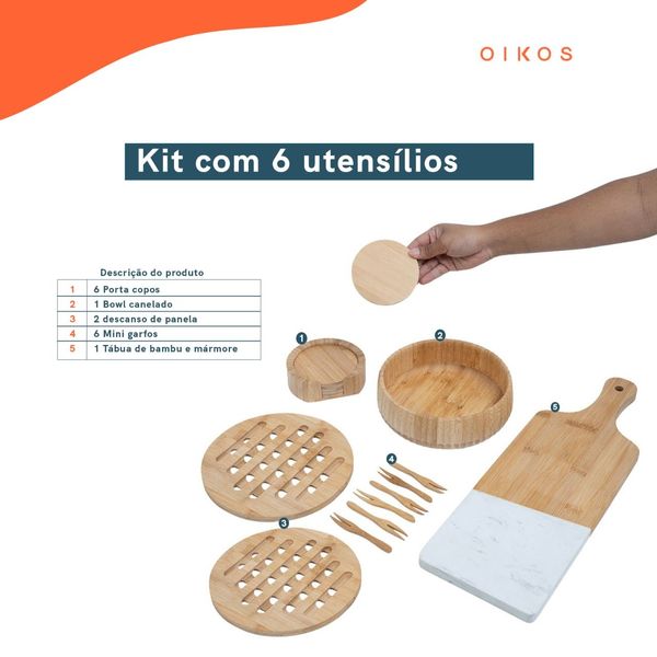 Kit servir bambu com tábua, bowl e utensílios 11 pç - oikos