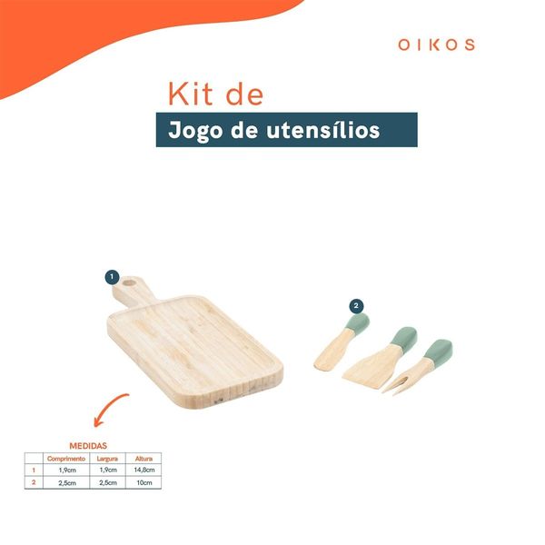 Kit jogo de utensílios e tábua de corte em bambu 4pç – oikos