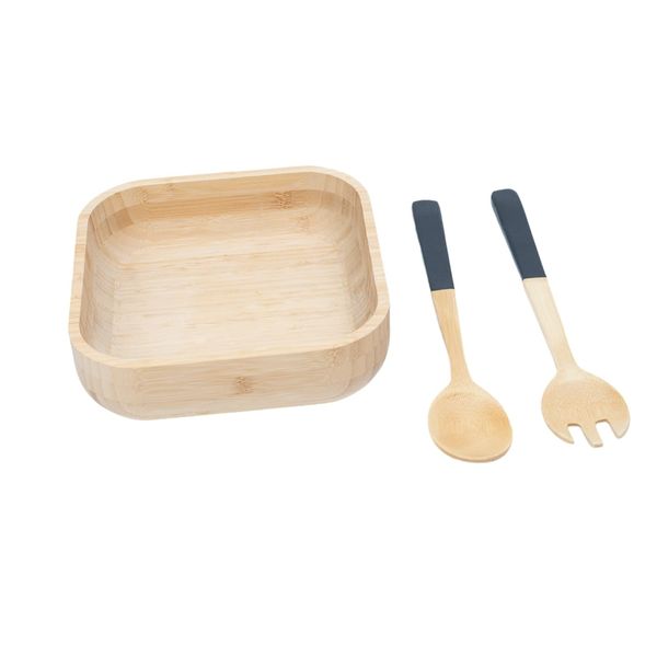 Kit bowl de bambu e utensílios para salada 3 pç preto - oikos