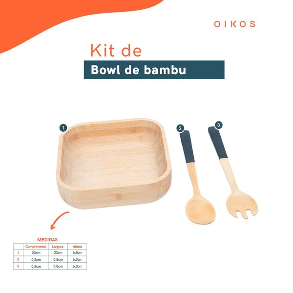 Kit bowl de bambu e utensílios para salada 3 pç preto - oikos