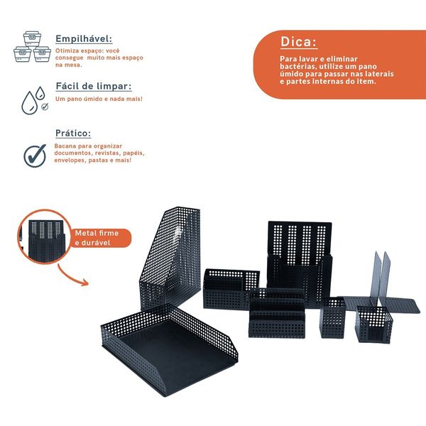 Kit porta caneta, suporte de livro e porta objetos 9 pçs preto - oikos