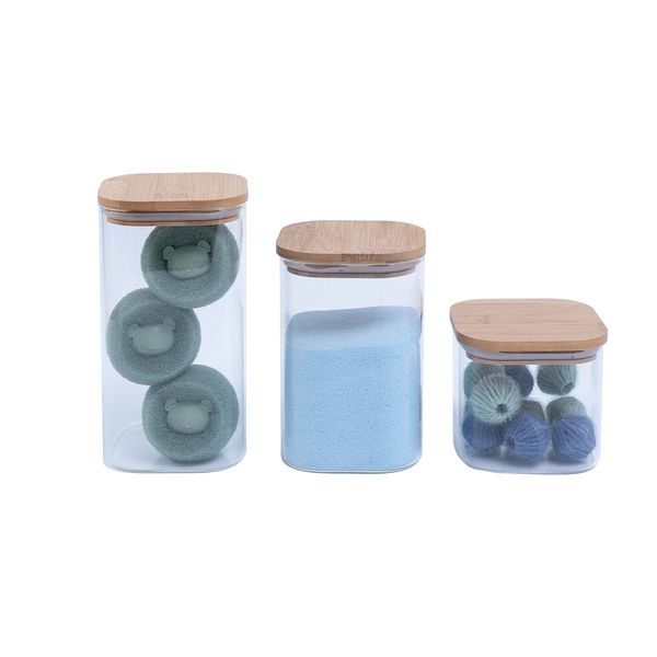 Kit bolinhas tira pelo e 3 potes vidro com tampa bambu oikos