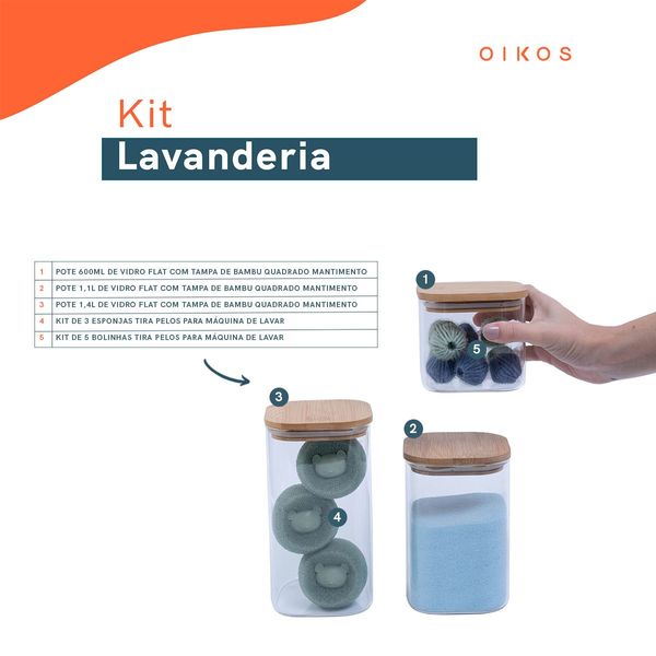 Kit bolinhas tira pelo e 3 potes vidro com tampa bambu oikos