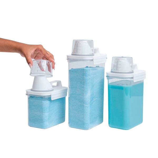 Kit com 3 porta sabão em pó com copo dosador e travas - oikos