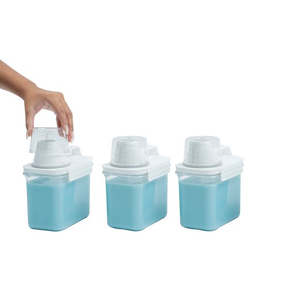 Kit de 3 porta sabão em pó 1,1l com copo dosador e travas de lavanderia - oikos