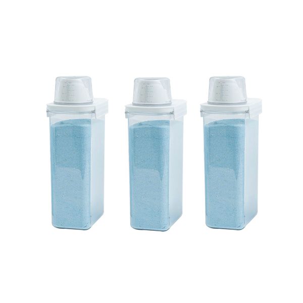 Kit de 3 porta sabão em pó 2,3l com copo dosador e travas de lavanderia - oikos