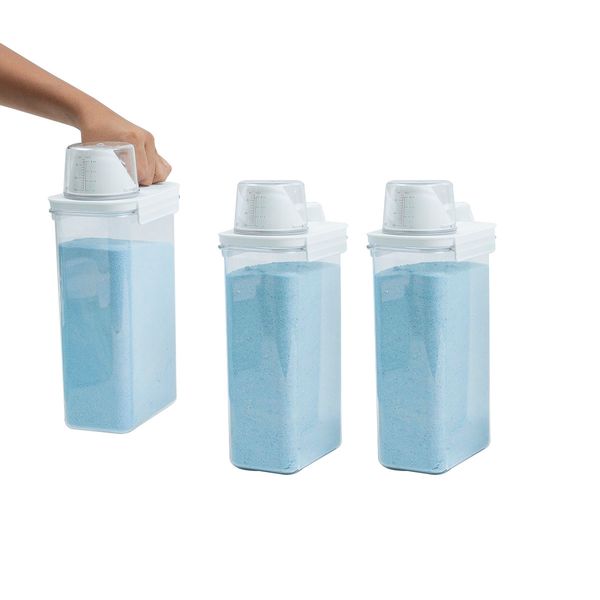 Kit de 3 porta sabão em pó 2,3l com copo dosador e travas de lavanderia - oikos