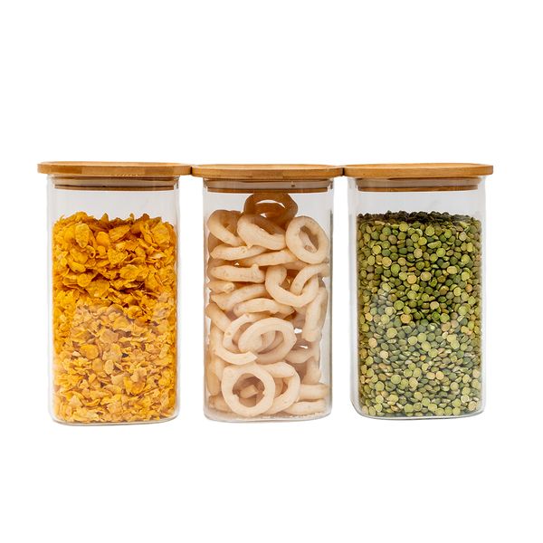 Kit 3 potes de vidro p/ mantimentos 1400ml c/ tampa bambu oikos