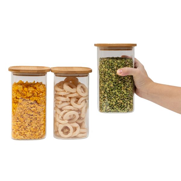 Kit 3 potes de vidro p/ mantimentos 1400ml c/ tampa bambu oikos