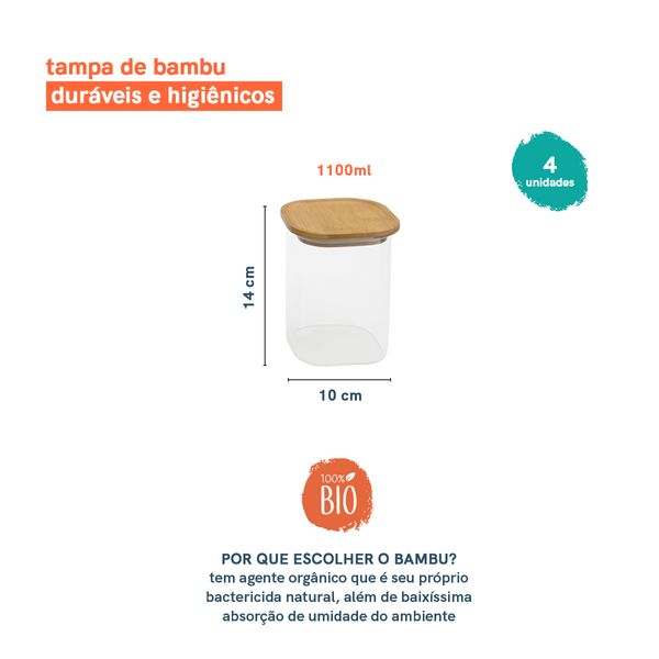 Kit 4 potes de vidro p/ mantimentos 1100ml c/ tampa bambu oikos